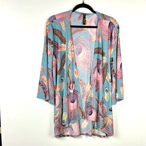 JAMES C KIMONO SZ S EUC LONG BELL SLEEVES WATERFALL FRONT INDIAN FEATHER DESIGN